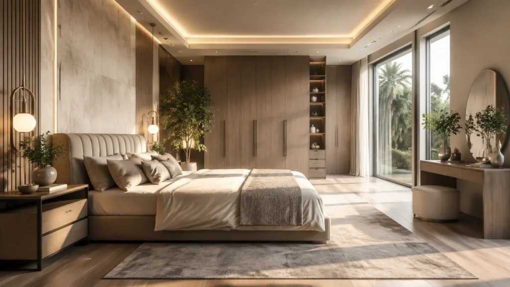 Luxury modern bedroom interior featuring a large bed with a beige tufted headboard, warm recessed ceiling lighting, a floor-to-ceiling wooden wardrobe, a vanity table with an oval mirror, and large sliding glass doors showing a garden view