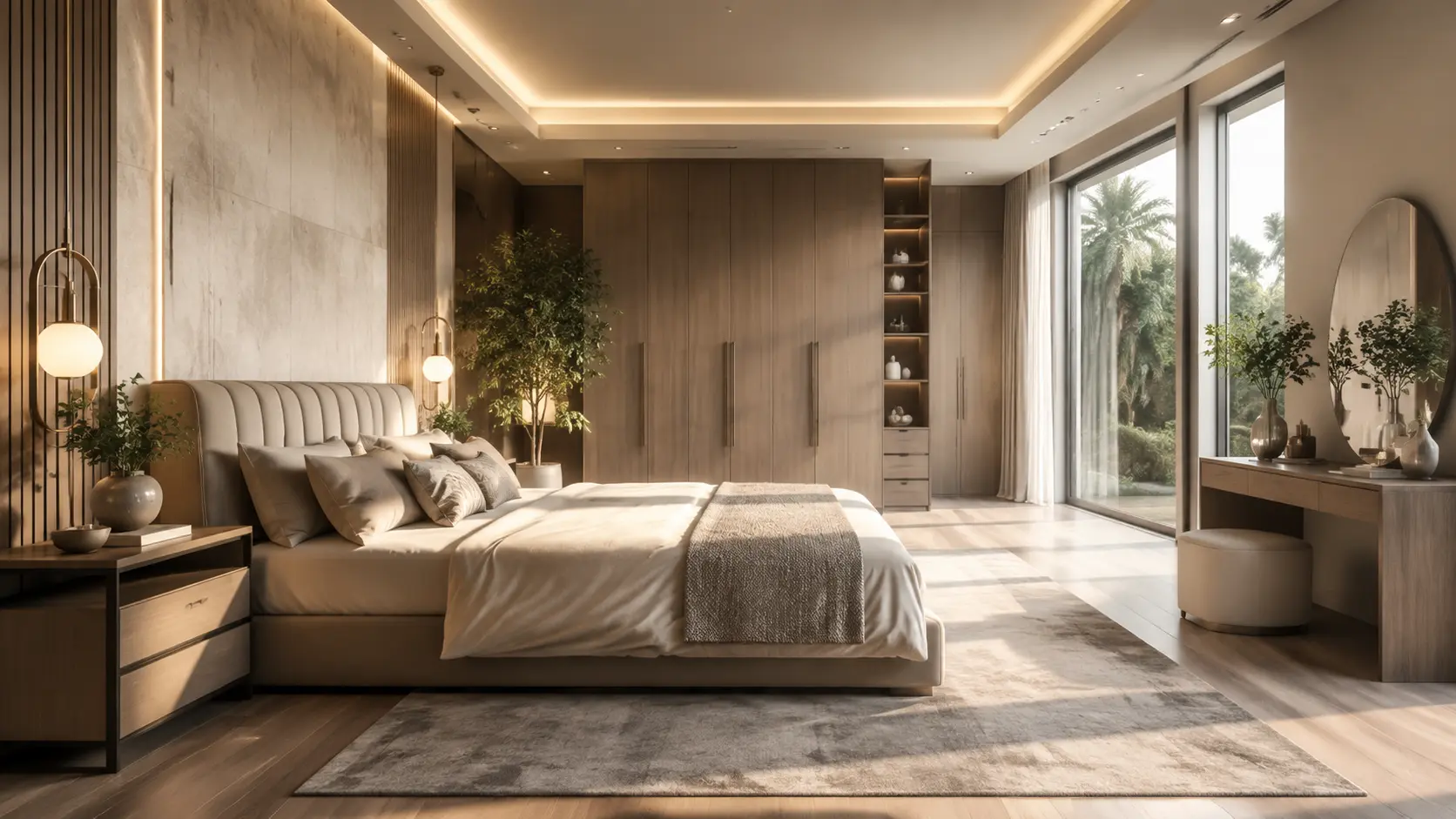 Luxury modern bedroom interior featuring a large bed with a beige tufted headboard, warm recessed ceiling lighting, a floor-to-ceiling wooden wardrobe, a vanity table with an oval mirror, and large sliding glass doors showing a garden view