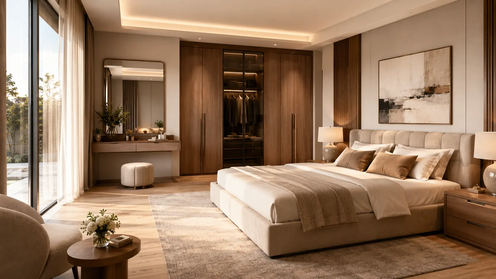Luxurious newlywed bedroom (غرف نوم عرسان) design featuring a king-size upholstered bed with beige and brown pillows, a large wooden built-in wardrobe with glass doors, an elegant makeup vanity station, and a cozy seating area near large sliding windows
