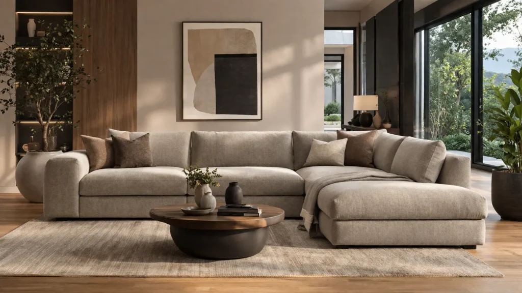 Interior shot of a modern living room featuring large L-shaped sofas (ركنات مودرن) in a light beige fabric. The sofas are decorated with brown and patterned pillows and are arranged around a low, round wooden coffee table with a central vase. The background includes a large abstract painting and two indoor trees