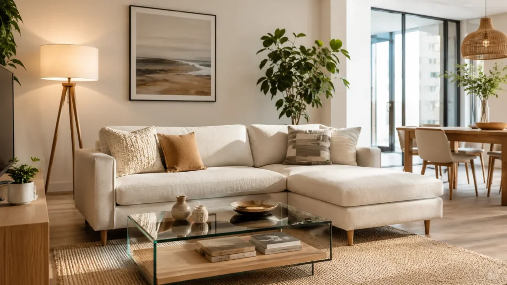 Bright, open-concept living room featuring small sectional sofas for small spaces (ركنات للمساحات الصغيرة) in an off-white fabric. The compact L-shaped couch is accented with textured neutral pillows, paired with a glass coffee table, a wooden tripod floor lamp, and a natural jute area rug