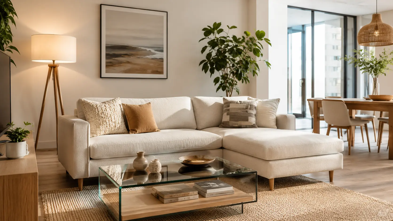 Bright, open-concept living room featuring small sectional sofas for small spaces (ركنات للمساحات الصغيرة) in an off-white fabric. The compact L-shaped couch is accented with textured neutral pillows, paired with a glass coffee table, a wooden tripod floor lamp, and a natural jute area rug