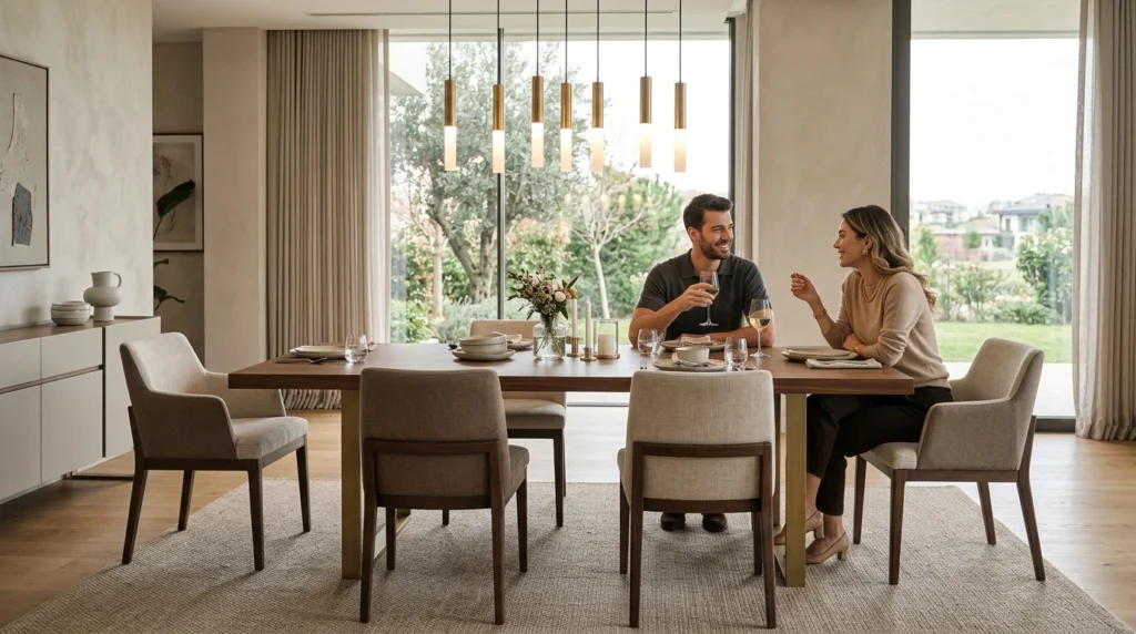 A man and woman chatting over drinks at a Modern Turkish Dining Rooms غرف سفرة (dining rooms), surrounded by beige upholstered chairs, featuring cylindrical pendant lights and large glass windows with a garden view.