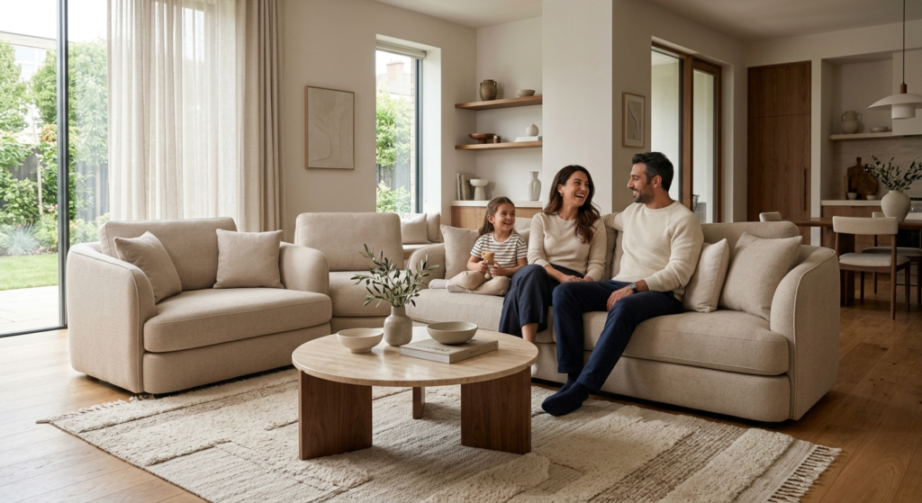 A cozy photograph of a light-filled living room featuring a "Modern Turkish Beige Sofa انتريهات مودرن تركي" and matching loveseat. A smiling family (man, woman, and young girl) sits on the main sofa, which has deep seats, rounded arms, and textured woven fabric. The room includes a round coffee table, layered rugs, wooden floors, shelving, and large windows looking out onto a garden.