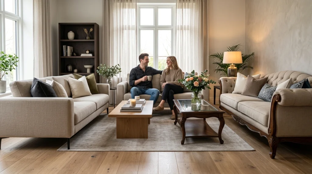 أسعار الصالونات Salon Prices: A smiling couple sitting on a couch in a brightly lit, elegant living room surrounded by modern and classic sofa sets and coffee tables.