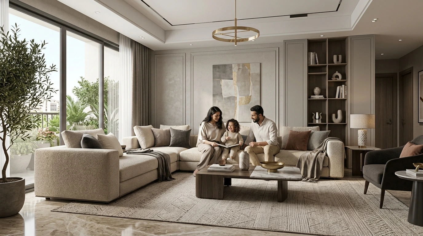 A photorealistic, high-end modern living room featuring a luxurious beige Turkish corner sofa as the central focus. An Egyptian family of three—a mother, father, and young child—sits together on the sofa reading a book in a cozy, candid moment. The room is decorated in a sophisticated palette of warm gray, cream, and beige tones, complete with a modern coffee table, elegant wall paneling, built-in shelving, and large glass patio doors letting in soft, natural daylight.