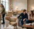 A family browsing a modern furniture showrooms , with a couple seated on a grey sofa and a woman inspecting an upholstered armchair.