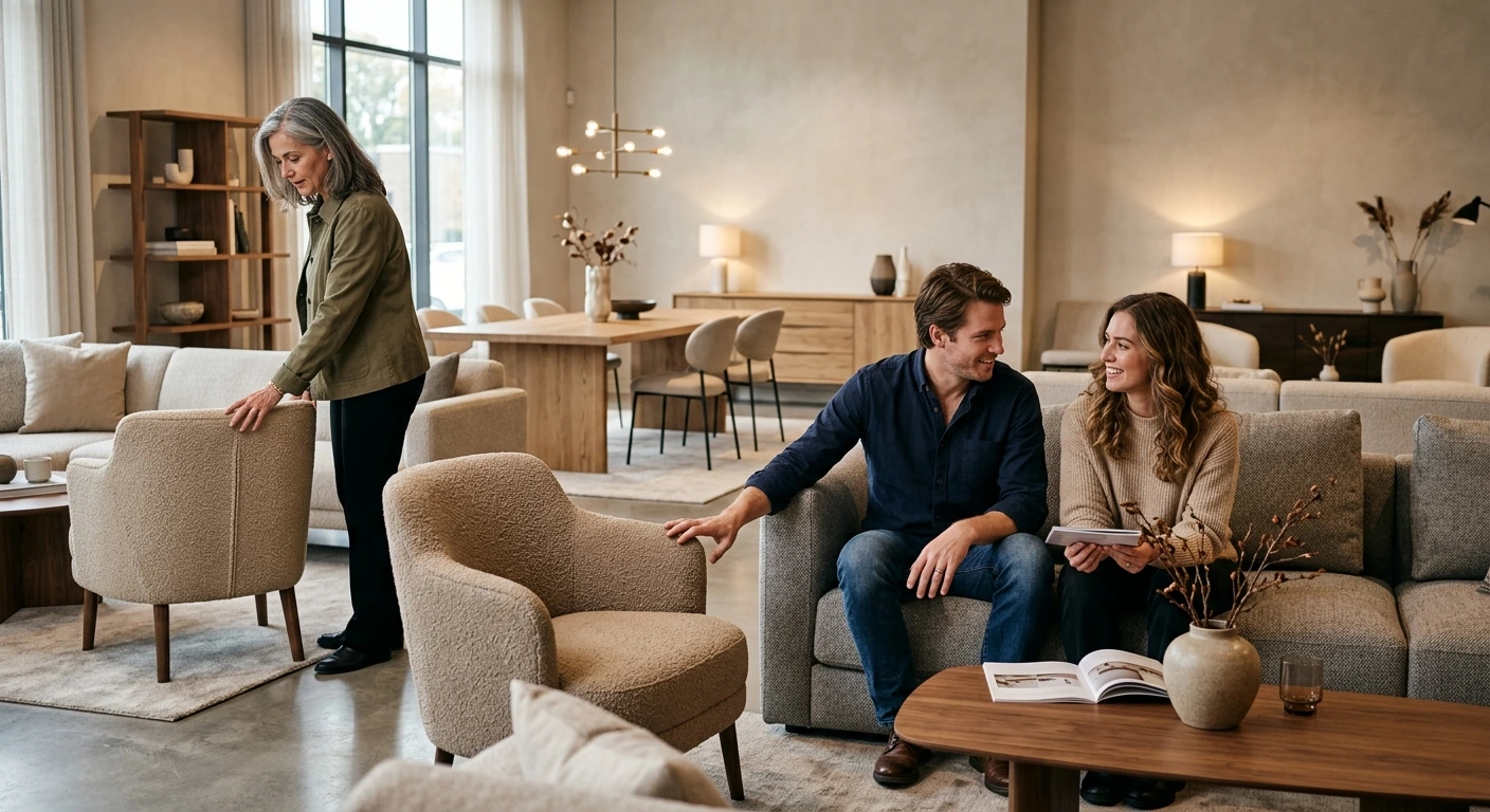 A family browsing a modern furniture showrooms , with a couple seated on a grey sofa and a woman inspecting an upholstered armchair.