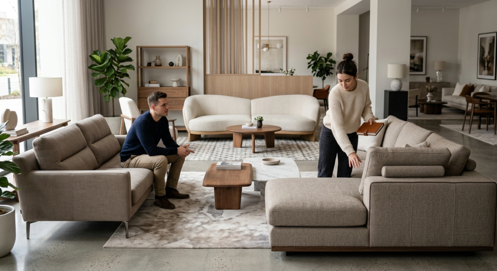 اسعار انتريهات مودرن - Modern Sofa Prices : A cozy modern living room interior in beige, brown, and grey with a focus on three sofas; a beige modern, a brownish-grey contemporary with metal legs, and a grey corner sectional with a low chaise lounge. A seated man and a woman looking at one of the couches while holding a notebook add a narrative element.