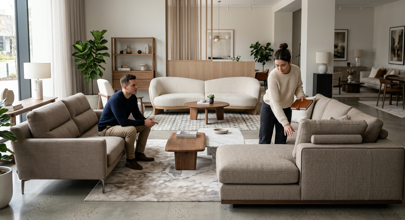 اسعار انتريهات مودرن - Modern Sofa Prices : A cozy modern living room interior in beige, brown, and grey with a focus on three sofas; a beige modern, a brownish-grey contemporary with metal legs, and a grey corner sectional with a low chaise lounge. A seated man and a woman looking at one of the couches while holding a notebook add a narrative element.