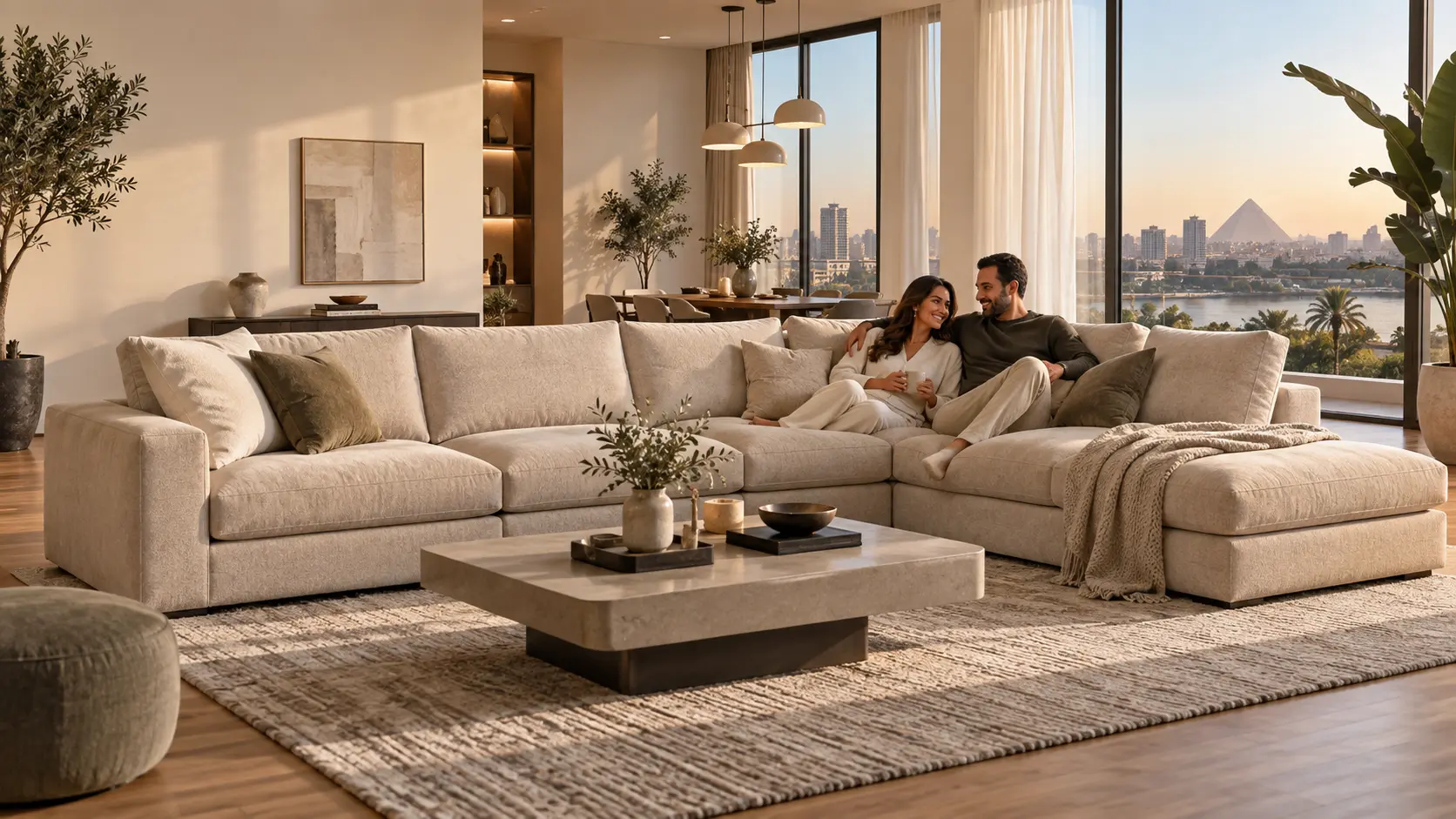 Modern American Sectionals (ركنات مودرن امريكي) featuring a couple sitting on a large beige L-shaped sofa in a modern living room overlooking a sunset view of the Pyramids