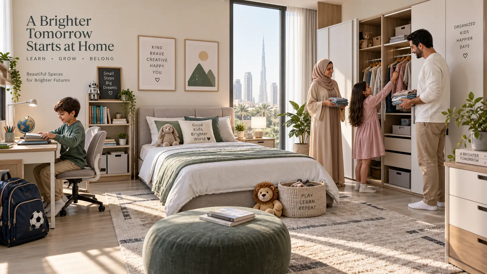 Modern kids rooms design featuring a family organizing clothes in a large wardrobe, a boy studying at a study desk, and a neatly made bed with framed wall art and skyline view in the background.