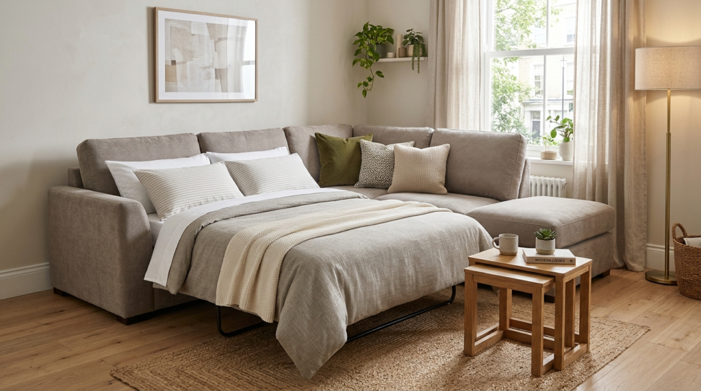 A photorealistic interior design photograph of a modern living room featuring a compact, stylish L-shaped corner sofa bed in warm greige upholstery. The pull-out bed function is partially extended with neat pillows and a cozy blanket, demonstrating its transformation into a comfortable sleeping space. The scene includes a small wooden nesting coffee table, subtle ambient lighting, minimalist minimalist decor, and a natural light-filled atmosphere tailored for small spaces ركنة مودرن سرير