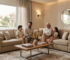 A happy family sitting together on a stylish beige corner sofa in a modern living room, featuring exquisite craftsmanship inspired by ركنات مودرن دمياط - Modern Damietta Corner Sofas.