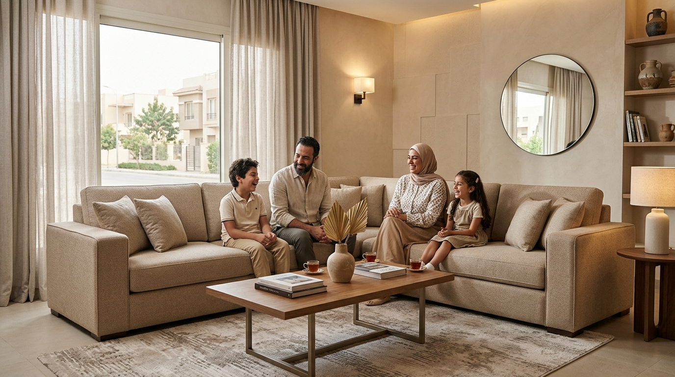 A happy family sitting together on a stylish beige corner sofa in a modern living room, featuring exquisite craftsmanship inspired by ركنات مودرن دمياط - Modern Damietta Corner Sofas.