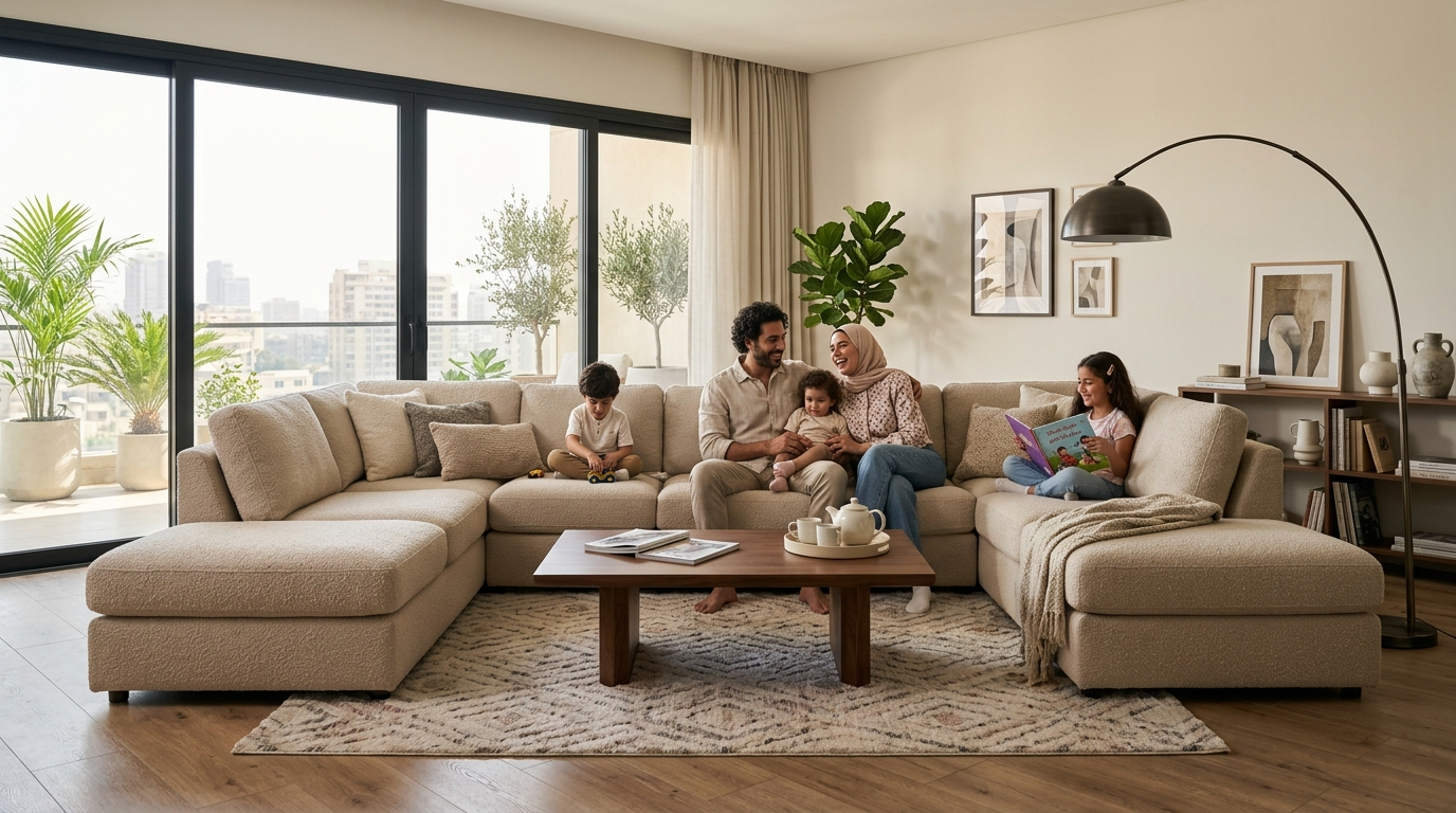 A family of five relaxing together on a large, cream-colored modern U-shaped sectional sofa in a bright, modern living room. A wooden coffee table rests on a patterned area rug in the center. The room features floor-to-ceiling glass patio doors with views of the city, indoor green plants, and a black arched floor lamp in the corner ركنات مودرن حرف U