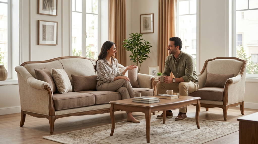 High-end interior image showcasing classic sofa sets 2026 featuring an Egyptian couple talking comfortably on a luxurious beige sofa in a modern, sunlit living room. انتريهات كلاسيك