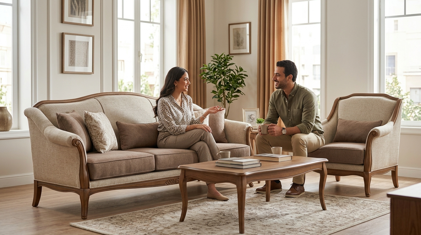 High-end interior image showcasing classic sofa sets 2026 featuring an Egyptian couple talking comfortably on a luxurious beige sofa in a modern, sunlit living room. انتريهات كلاسيك