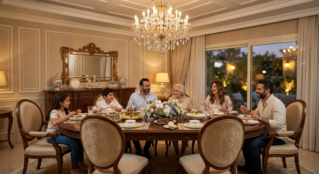 Luxurious classic dining rooms design with a dark walnut dining table, upholstered chairs, ornate gold mirror, crystal chandelier, and a family enjoying dinner غرف سفرة كلاسيك