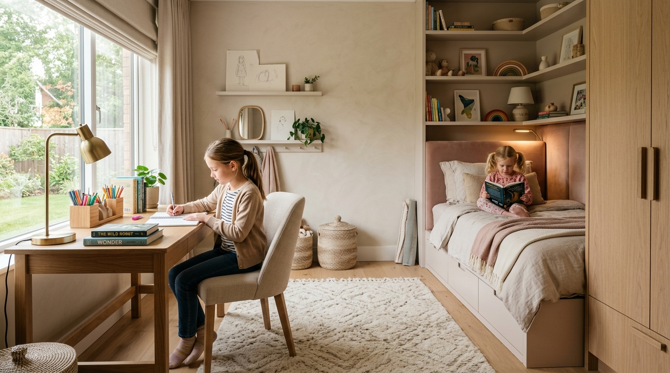 Warm, minimalist Girls Kids Rooms (غرف اطفال بنات) idea showing a study desk by the window, built-in storage shelves, and two sisters reading and writing