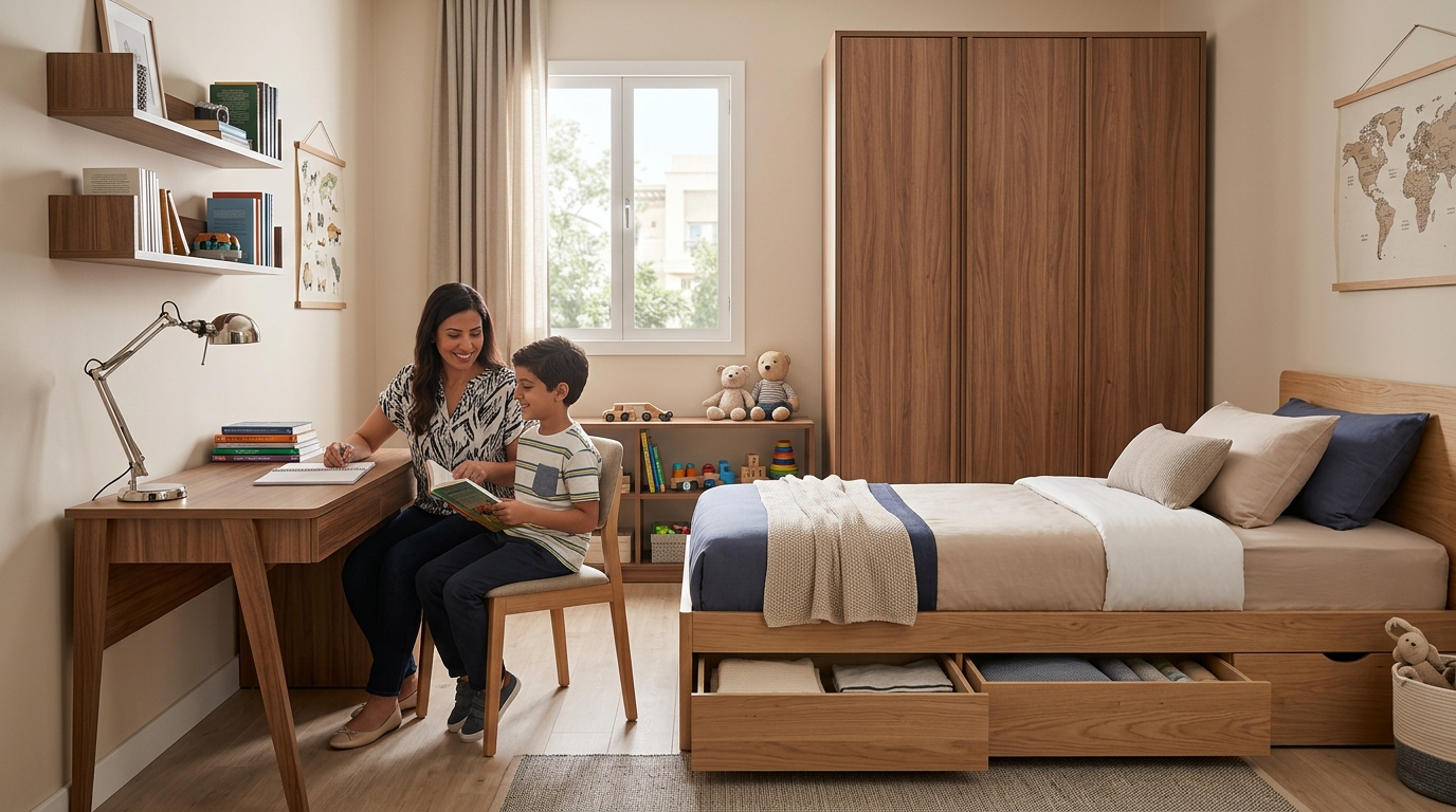 Modern design for Boys’ Kids Bedrooms 2026 featuring a wooden bed with built-in storage drawers, wardrobe, wall shelves, and a study corner غرف اطفال اولاد
